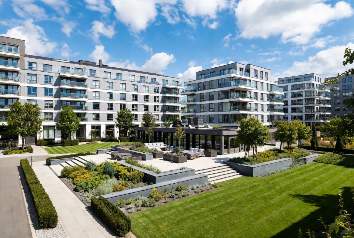 Stor terrasse med fliser i varme grå nuancer